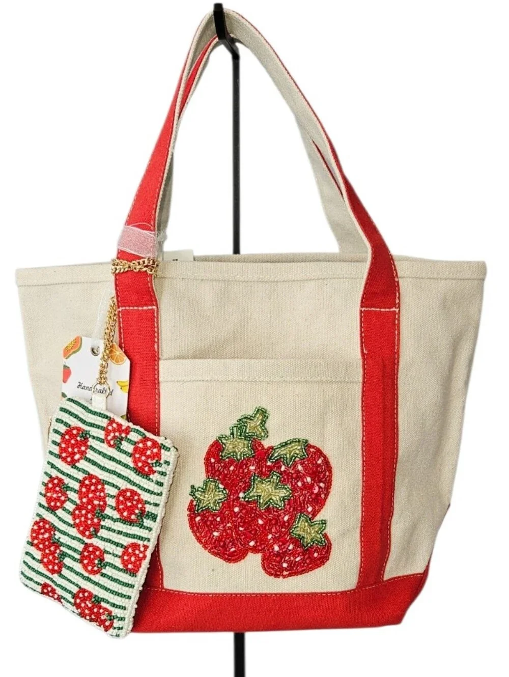 NWT Viral Beaded Strawberry Mini Canvas Tote & Coin Purse – Handcrafted in India